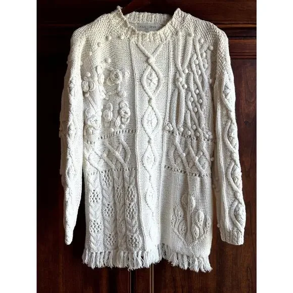 Vintage M Cableknit Sweater Coastal 90’s Cotton Bobble Fringe Cottage Fisherman - Picture 1 of 5